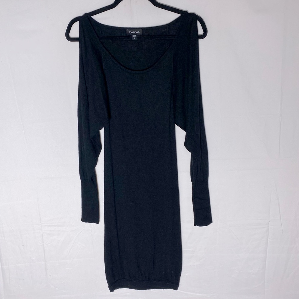 Vintage Y2K Bebe Black Knit Cold Shoulder Dolman Sleeve Dress S